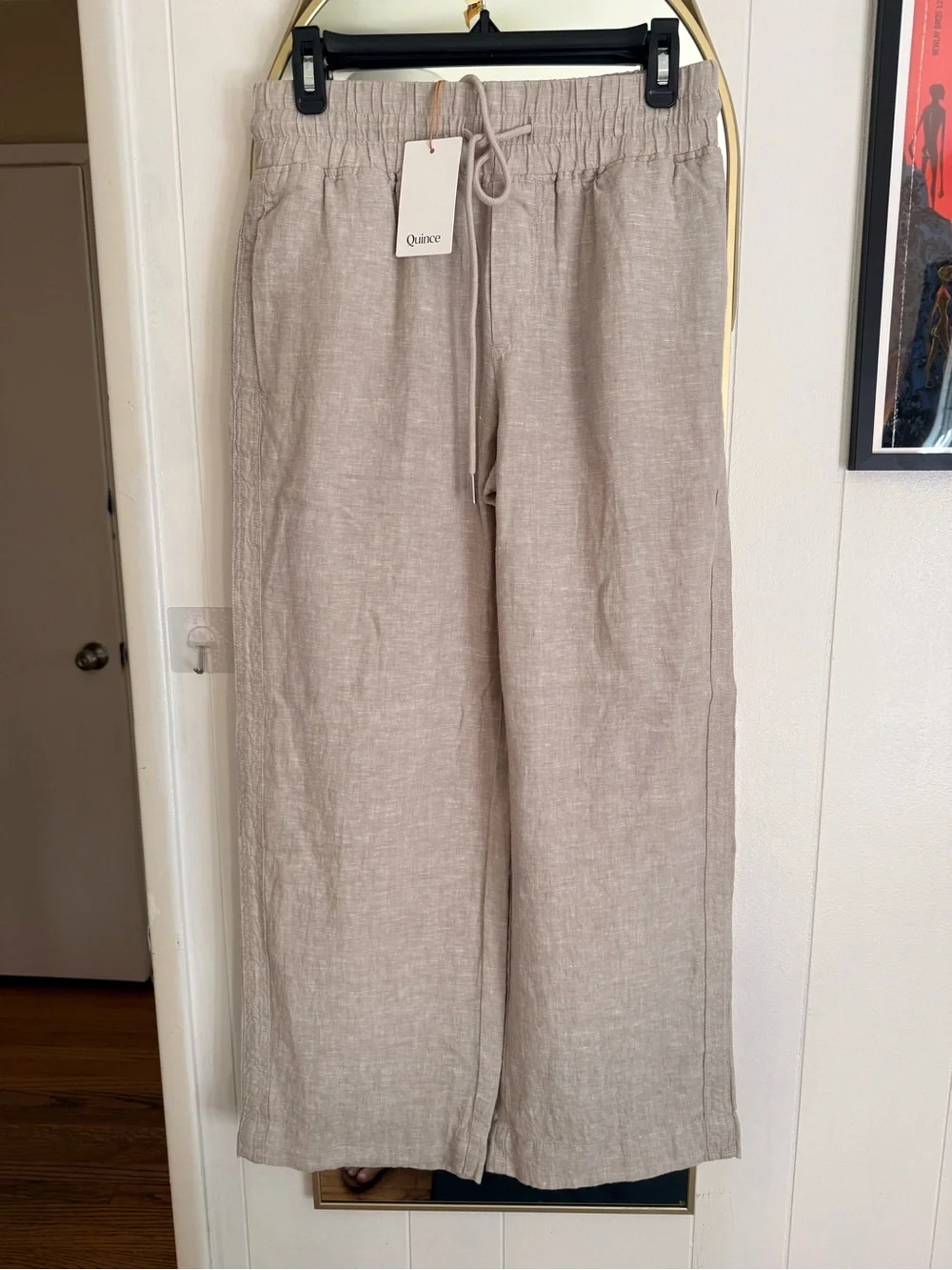 Women’s 100% European Linen wide leg Drawstring Pants - Flax